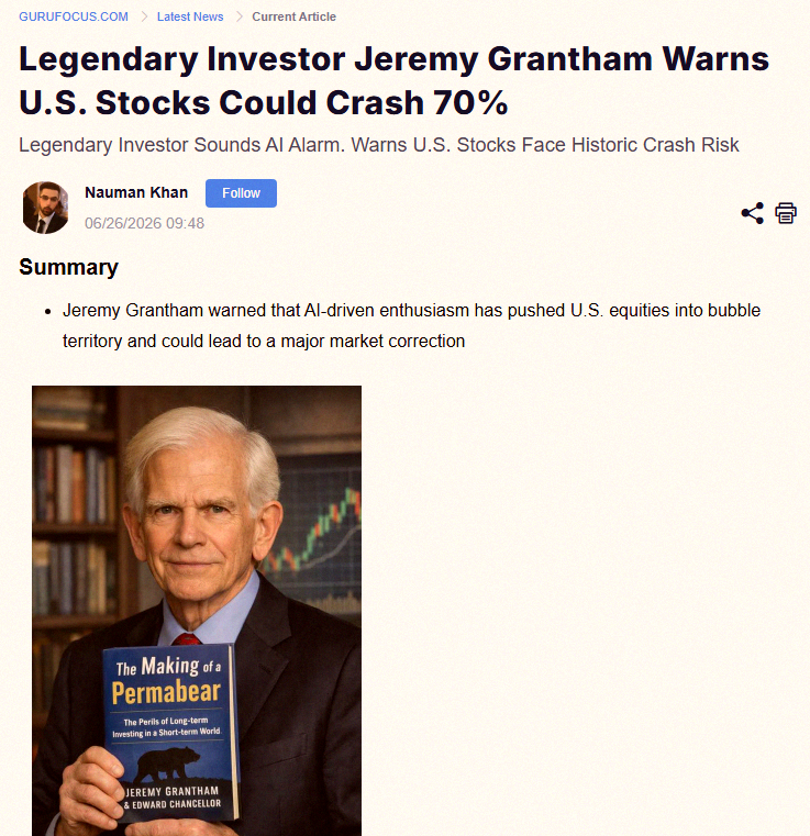 hiro_ro7's tweet photo. Jeremy Grantham, the famous perma-bear, is warning the stock market could crash 70% 📉📉 https://t.co/FH8Z9GnSKK