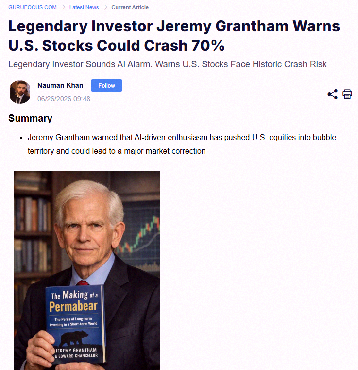 mitan37_04's tweet photo. Veteran bear Jeremy Grantham is sounding the alarm again, saying stocks might crash up to 70%. 📉📉 https://t.co/vWjoY7OE5S