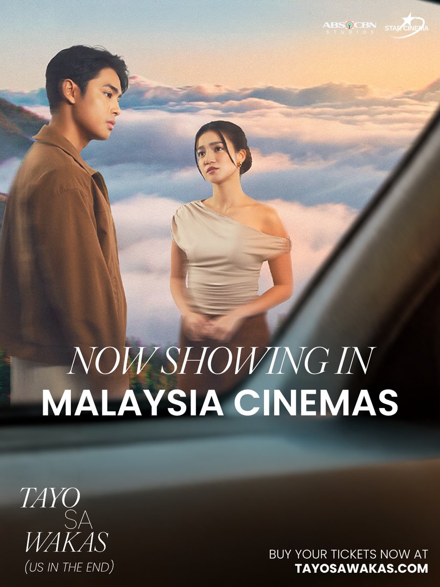 ABSCBNpr's tweet photo. Tayo Sa Wakas is now showing in Malaysia Cinemas! 🇲🇾☁️

Secure your seats today at https://t.co/PXeK4HtBie and https://t.co/AzOIEkmMy0 🎟️✨

#TayoSaWakas (Us In The End)— a film by Cathy Garcia-Sampana starring Donny Pangilinan and Belle Mariano. https://t.co/ep6nzkWf8Z