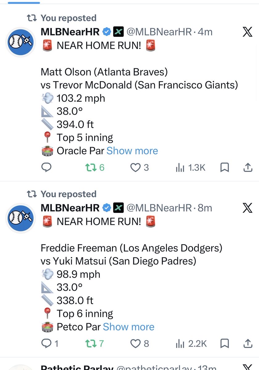 patheticparlay's tweet photo. Still blows my mind the betting public wont accept they are being robbed by
Manipulation of prop bets every night

 Kurtz
devers
olson
freeman
machado

The MLB is rigged

All with homeruns to the wall that somehow all come up a couple feet short. “But the data” 😂😂😂 https://t.co/tXvdWw9BiB