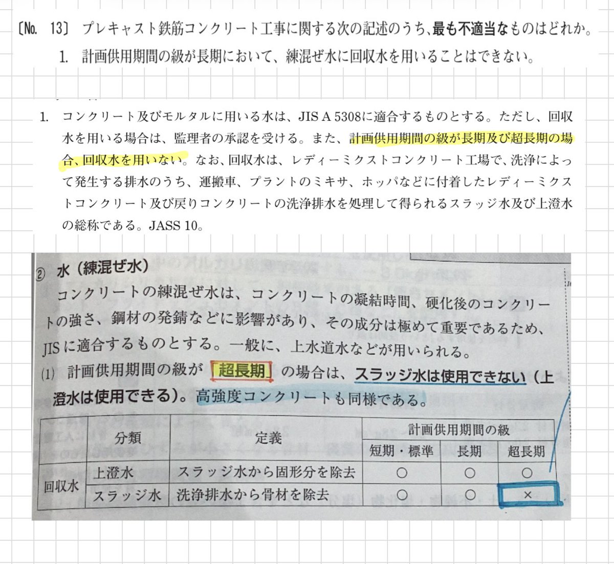 muuuu_08cha's tweet photo. Nのクライマックス模試今更感あるから一問式で解いてるんだけど、施工No13-1正解らしく超長期と高強度は使用不可で覚えてたけど長期も使用不可？？この問題で一点落としたくないなぁー😶‍🌫️ https://t.co/IGUrP0y7cv