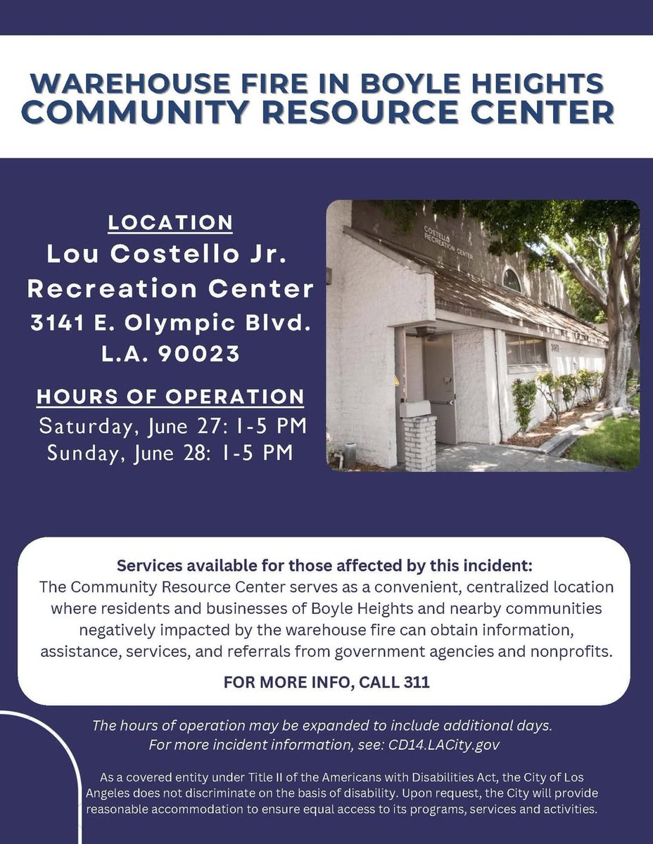 LACity's tweet photo. Community Resource Center for Warehouse Fire in Boyle Heights opens Saturday, June 27. https://t.co/dmvEe4Nvtk