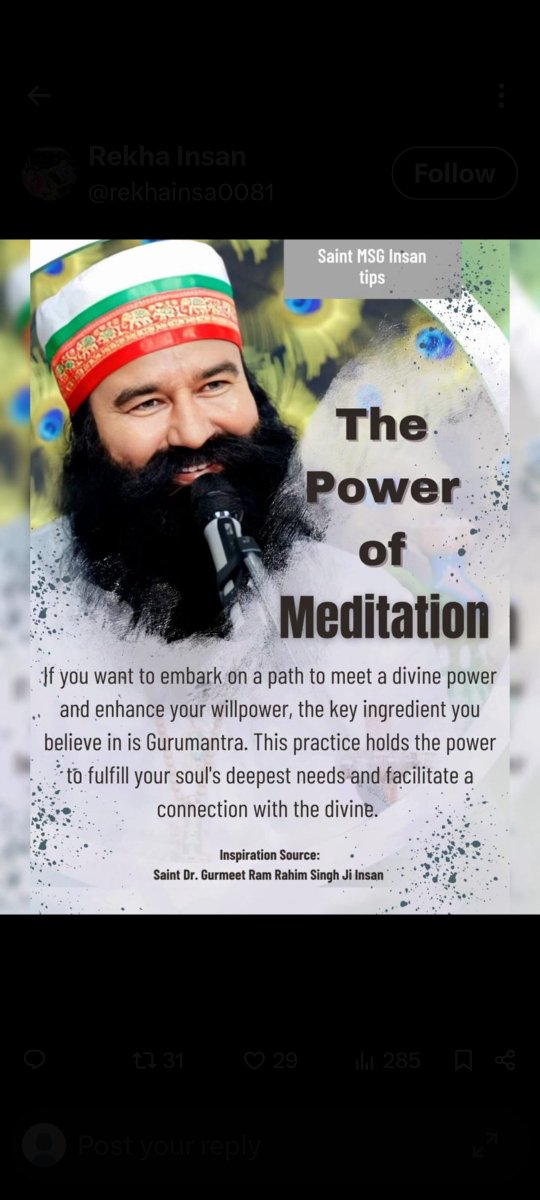rekhasingal777's tweet photo. हर इंसान सच्ची खुशी चाहता है जिसके बारे में Saint Gurmeet Ram Rahim Ji Insa बताते हैं कि मेथड् ओफ मेडिटेशन ही एक मात्र तरीका है जिसका लगातार अभ्यास करके इंसान सच्ची खुशी हासिल कर सकता है। जो इंसान को कहीं और से नहीं मिल सकती। https://t.co/ap9UmBaQ70