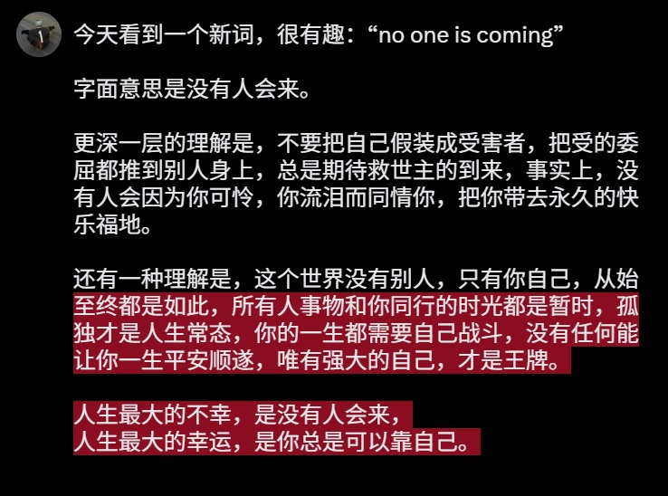 NGNGVXX's tweet photo. 今天看到一个新词，很有趣：“no one is coming” https://t.co/pQSC5LefsK
