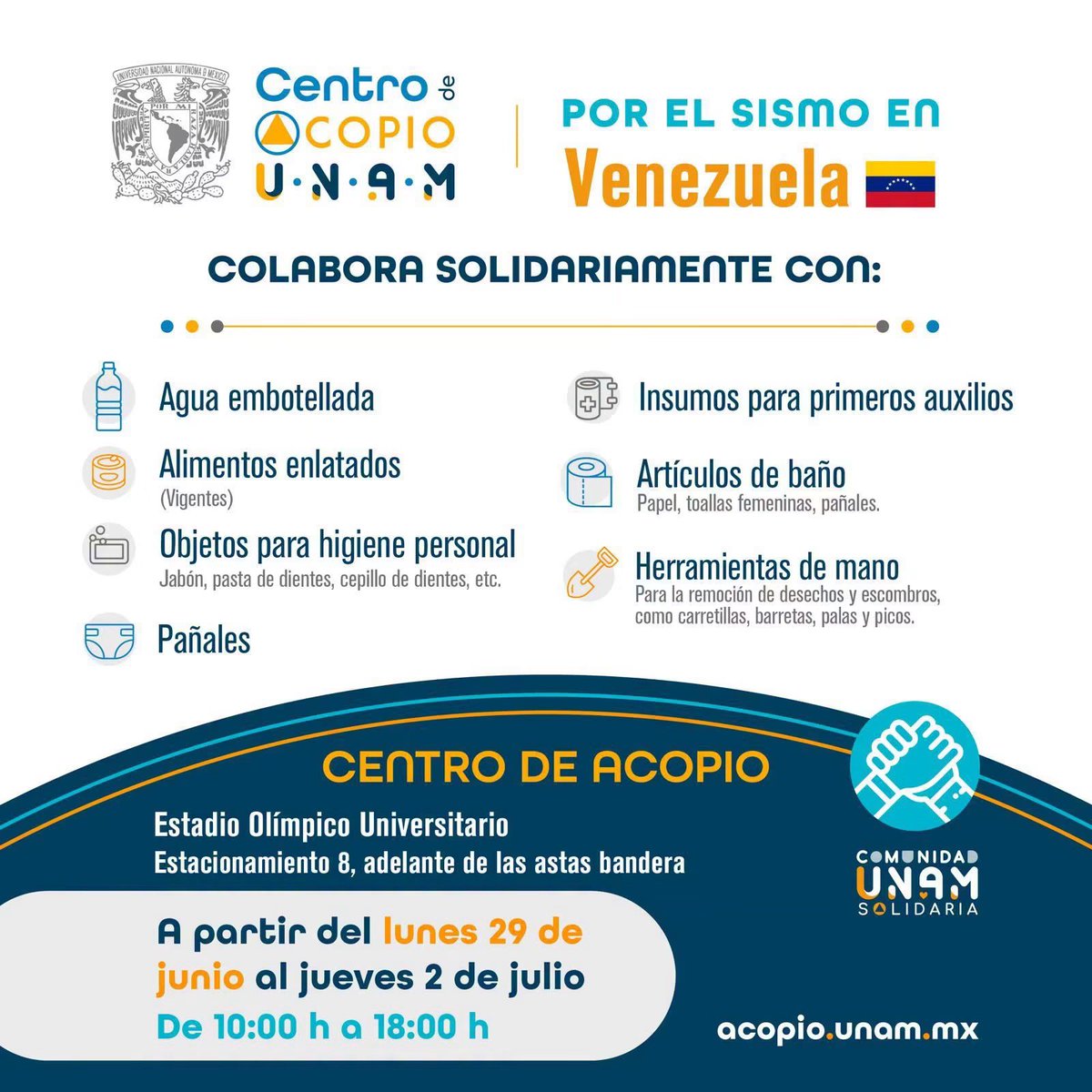 IISUNAM's tweet photo. 🙏🏻 Acopio solidario en apoyo a las personas afectadas por el sismo en Venezuela, del 29 de junio al 2 de julio. 

📍 Centro de Acopio: Estadio Olímpico Universitario, Estacionamiento 8 (frente a las astas bandera).
🕙 De 10:00 a 18:00 h.

#UNAM #acopio https://t.co/Mz3y7EBsfq
