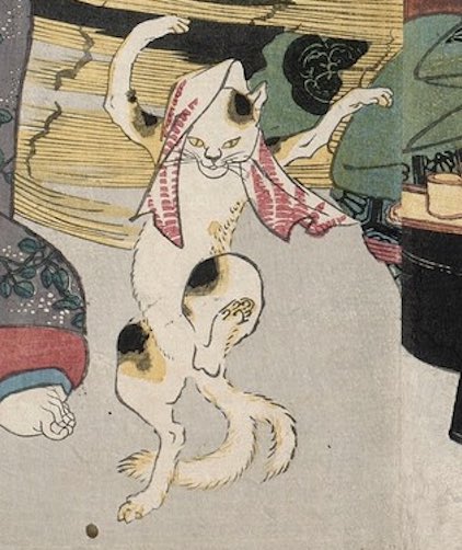 MechaHyena's tweet photo. This is a nekomata depicted in 1800s Japanese artwork and is also on one of my favorite Uniqlo shirts. It is a supernatural cat that has two tails.  It has magic powers, and can control fire and the dead.  #Kowakujō https://t.co/4q9EL1vHa8