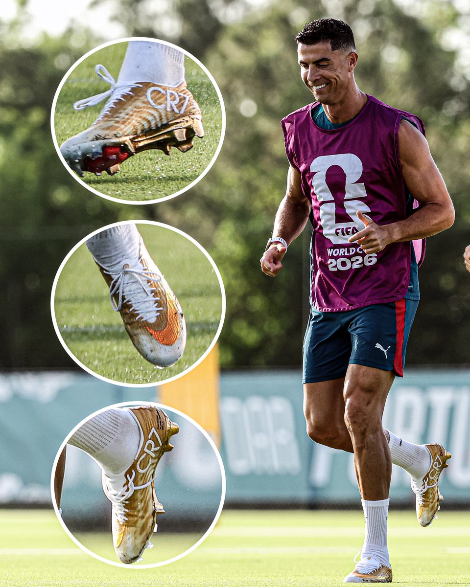 ESPNFC's tweet photo. Cristiano Ronaldo wearing his new gold boots in Portugal training 😮‍💨💫
 
Nike are commemorating Ronaldo becoming the first player to score a goal in six consecutive World Cup tournaments with this special "Gold Scorpion” Mercurial Superfly 11 release 🤩 https://t.co/qsBc821I02