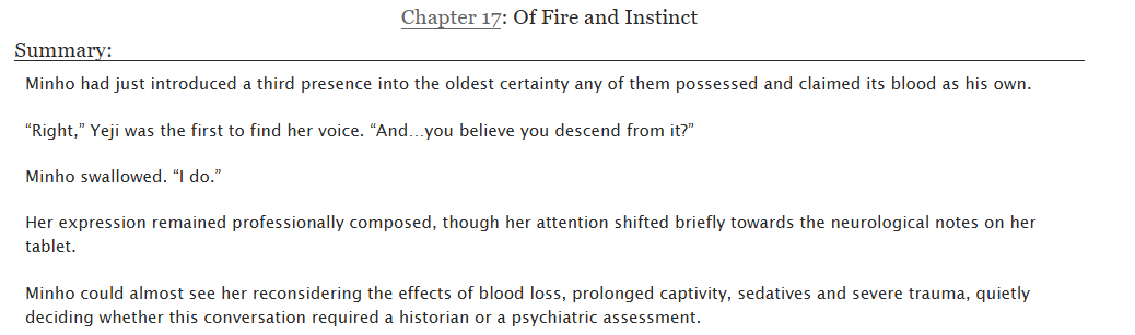Veteorite101's tweet photo. Just realised I never posted an update here last week. I'm still working on the finale for this fic so I'll update next week.

Of Fire and Instinct, Chapter 17 of The One Who Forgave by Cosmewgyral: https://t.co/qkbgK56q6L

#minchan #skz #skzfanfic https://t.co/atQ73ozInr