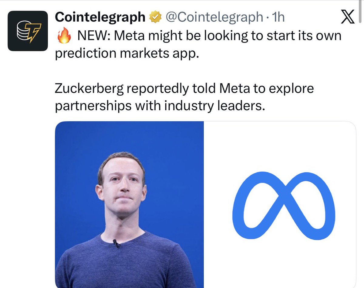 tigvek's tweet photo. First it was crypto natives.

Now Meta is reportedly looking at prediction markets.

Funny how every platform starts by collecting opinions…

and eventually wants to know which ones people are willing to bet on.

We’re getting closer to a world where belief has a price tag. https://t.co/8hm941vxaL