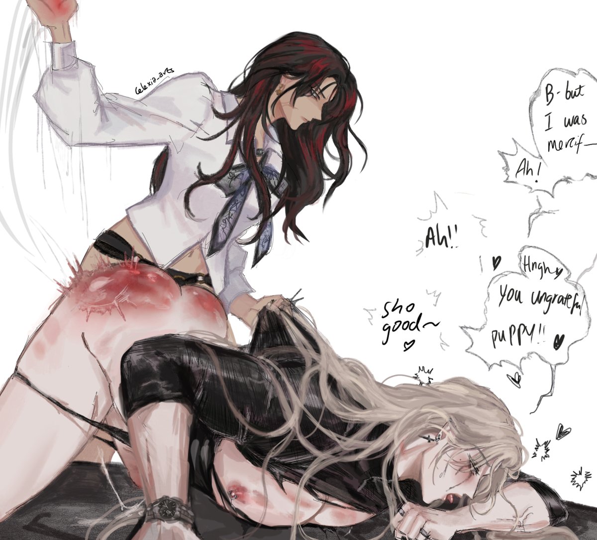 sel_artsss's tweet photo. [FEMALE ALPHA x MALE OMEGA]

the woes of bussy addiction (why you should NOT peg your yandere rich blonde boyfriend) 

(drew over some old art of mine😼) https://t.co/XyLkHLgry8