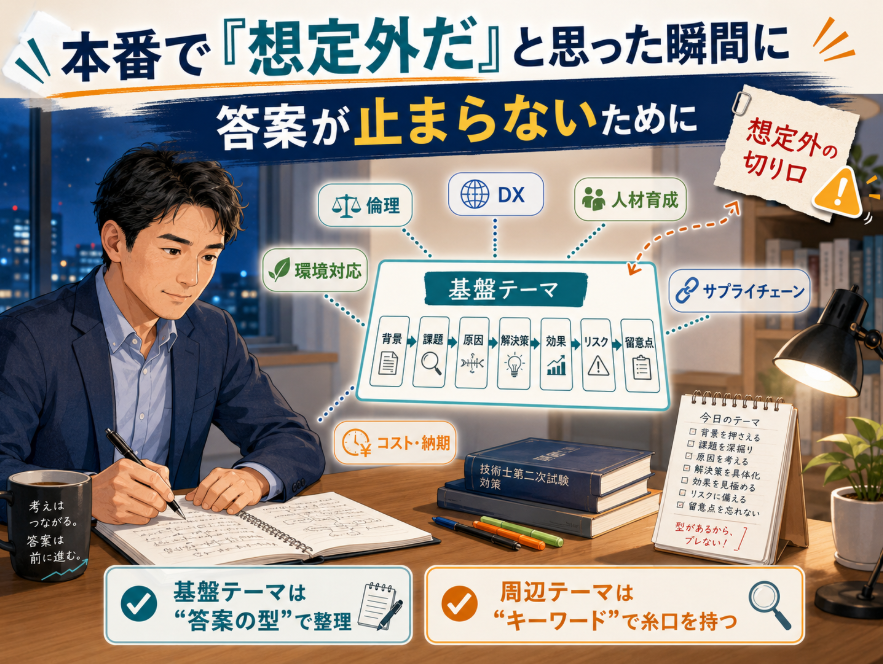 pe_metals_O's tweet photo. 【私の体験談】
本番で「想定外だ」と思った瞬間に、答案が止まらないために。

技術士第二次試験の本番では、
自分が準備していたテーマが出題されず、
「これは想定外だ」「何を書けばいいかわからない」
と思った瞬間に答案の組み立てが止まってしまうのが怖いです。

私も受験時、問題文を見た瞬間に焦った経験があります。
知識も経験もゼロではないのに、形が違うだけで頭が真っ白になることがありました。

私はこういった経験から、本番直前期での限られた時間では、すべてのテーマを完璧に整理するのではなく、
どのような切り口にも展開しやすい「基盤テーマ」に絞る＋αで準備することにしました。

例えば、基盤テーマの一つ「品質問題への対応」です。
このテーマでは、以下の流れでロジック整理表を作成し、答案の骨格となる「型」を作りました。
・背景  
・課題  
・原因（設計・材料・製造・検査・使用環境など）  
・解決策  
・効果  
・リスク  
・留意点

一方、品質問題に関わる周辺テーマまでは同じ深度で準備はしませんでした。
時間がいくらあっても足りないからです。

代わりに、答案の糸口になるキーワードだけを拾っておきました。
周辺テーマ/キーワード例：
・品質不正・検査不正 → 倫理、組織風土、チェック体制、第三者性、記録の透明性など
・サプライヤー起因 → 取引先管理、調達、監査、情報共有、受入検査など
・海外拠点でのばらつき → 標準化、教育、現地対応、技術伝承、コミュニケーション、手順の見える化など
・短納期・コスト制約下 → 品質・コスト・納期のバランス、優先順位付け、リスク評価、ステークホルダー間の調整など
・DXによる品質改善 → トレーサビリティ、AI、IoT、異常検知など
・人材不足下 → 熟練技能の継承、標準化、自動化、多能工化、技術の見える化など
・環境対応・レアメタル代替え材料への変更 → 新材料評価、信頼性確認、量産性など

  これにより、本番で少し違う角度から問われても、
「あ、この観点なら品質問題の整理とつなげられる」とすぐに思えるようになりました。

✅基盤テーマ → ロジック整理表で「型」を作る
✅周辺テーマ → キーワードで「手がかり」を持つ  

このバランスのおかげで、限られた準備期間中でも「もう書けないのでは？」と答案が止まるという不安が解消しました。

直前期に大切なのは、
すべてのテーマを完璧に準備することではありません。
基盤テーマを深く整理し、周辺テーマはキーワードでつなげられる状態にしておくこと。
それが当時の私にとって、本番で冷静に答案を書くための最大の武器になったと思います。

私の体験談が、少しでも受験される皆さんの参考になれば幸いです。

#技術士 #技術士第二次試験 #技術士試験