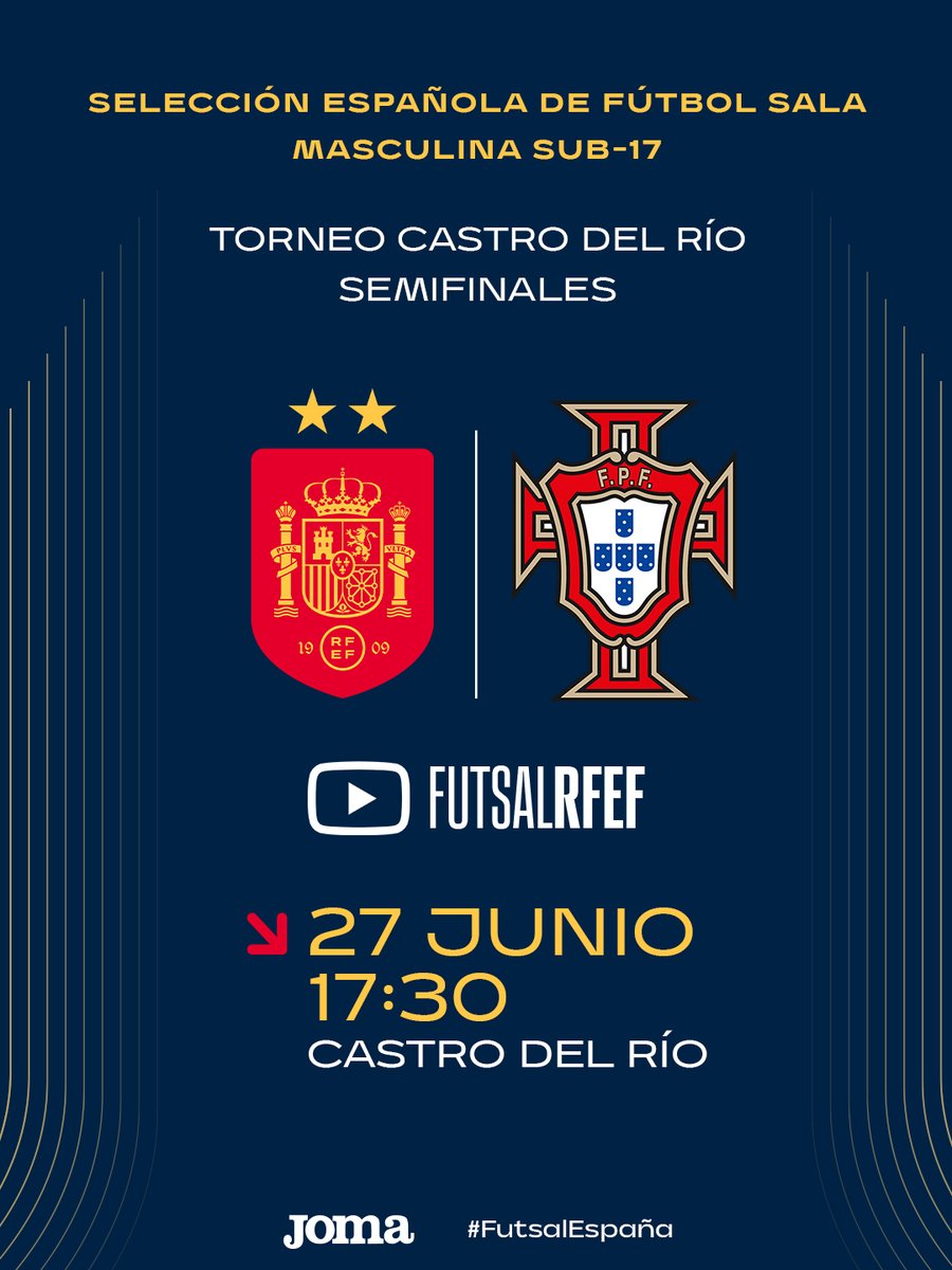 FutSalRFEF's tweet photo. 🚨 Esta tarde tenemos otro 𝗣𝗔𝗥𝗧𝗜𝗗𝗔𝗭𝗢

🏆 Torneo VI Nations sub-17
📍 Castro del Río (Córdoba)
🇪🇸 🆚🇵🇹
⏰ 17:30 horas
📺 Youtube FutsalRFEF

#FutsalEspaña | #NuestraBase https://t.co/Ks6TCn2E6b