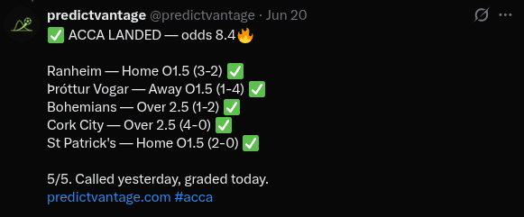 predictvantage's tweet photo. Accas from last days ✅✅✅✅

Not luck. Poisson model. 
You can check every pick I've ever posted.

https://t.co/fwdHJNaP90

#FootballTips #accas  #soccertips https://t.co/6HWWm1YAFN