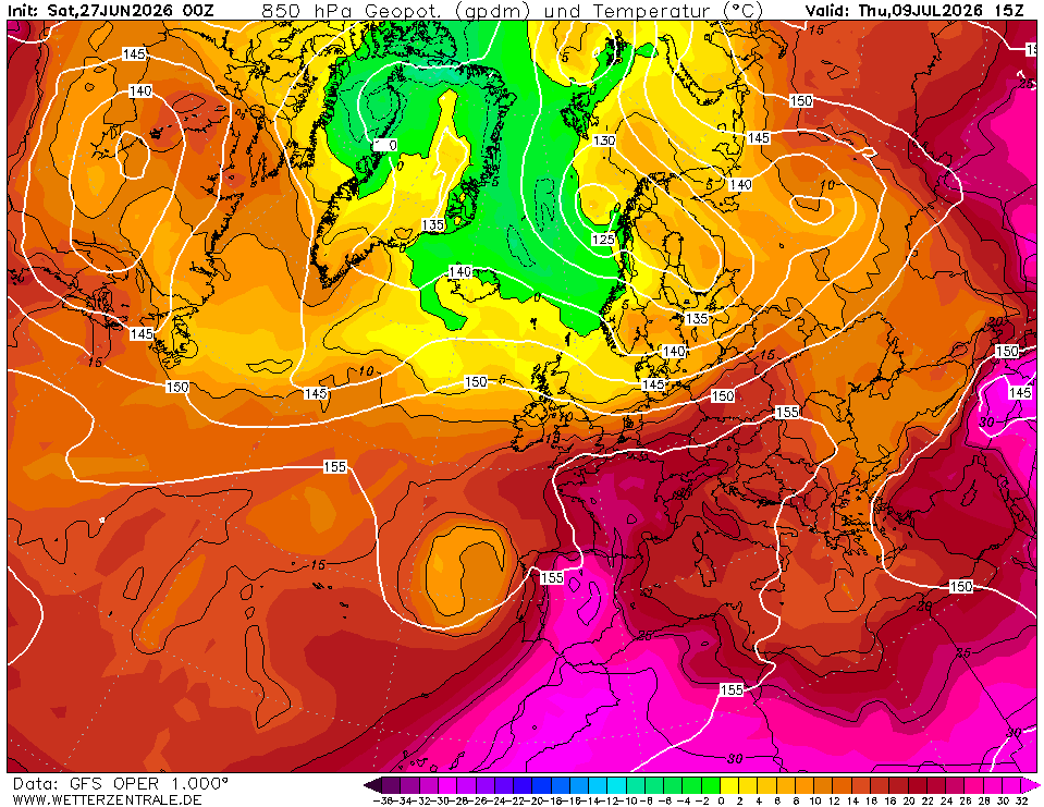 NickJF75's tweet photo. Anyone up for another intense heatwave in early July? 00z GFS operational run gives southern England one aound 9th July, with mid-30s deg C. Familar set up of cut-off low west of Iberia acting as a heat pump. Intense heat dome builds over Iberia prior to that. Though GFS op warm end of ensemble pack for T850s. But ensemble guidance does suggest heat could return in early July, with the heat dome building to the southwest potentially tapped into if synoptics become favourable
