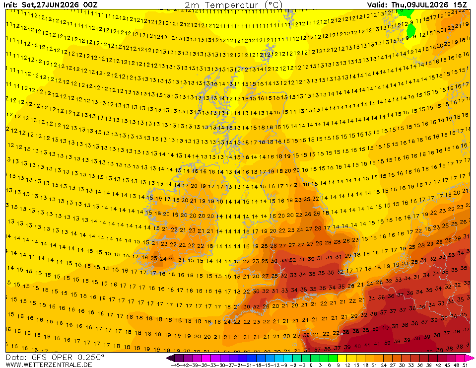NickJF75's tweet photo. Anyone up for another intense heatwave in early July? 00z GFS operational run gives southern England one aound 9th July, with mid-30s deg C. Familar set up of cut-off low west of Iberia acting as a heat pump. Intense heat dome builds over Iberia prior to that. Though GFS op warm end of ensemble pack for T850s. But ensemble guidance does suggest heat could return in early July, with the heat dome building to the southwest potentially tapped into if synoptics become favourable