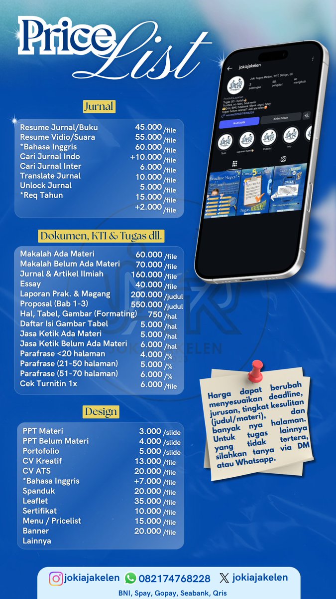 jokiajakelen3's tweet photo. Siang guys, open terus
joki makalah, parafrase, cek turnitin 6k, turunin turnitin, ppt, artikel, jurnal, rapihin word, cari jurnal, leaflet, design, banner,  resume jurnal, review, cv ats, design, laporan, proposal, dll.

Testi dan wa di bio yaa😍
#jokitugas #zonauang https://t.co/US2OHx06hw