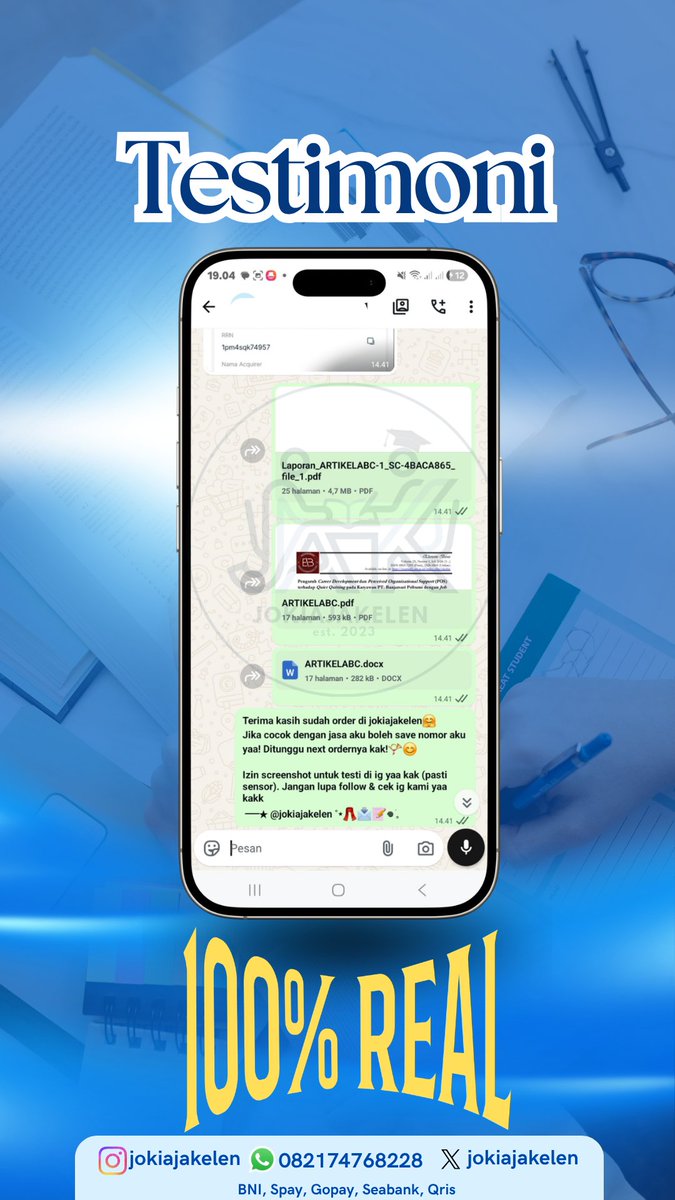 jokiajakelen3's tweet photo. Siang guys, open terus
joki makalah, parafrase, cek turnitin 6k, turunin turnitin, ppt, artikel, jurnal, rapihin word, cari jurnal, leaflet, design, banner,  resume jurnal, review, cv ats, design, laporan, proposal, dll.

Testi dan wa di bio yaa😍
#jokitugas #zonauang https://t.co/US2OHx06hw