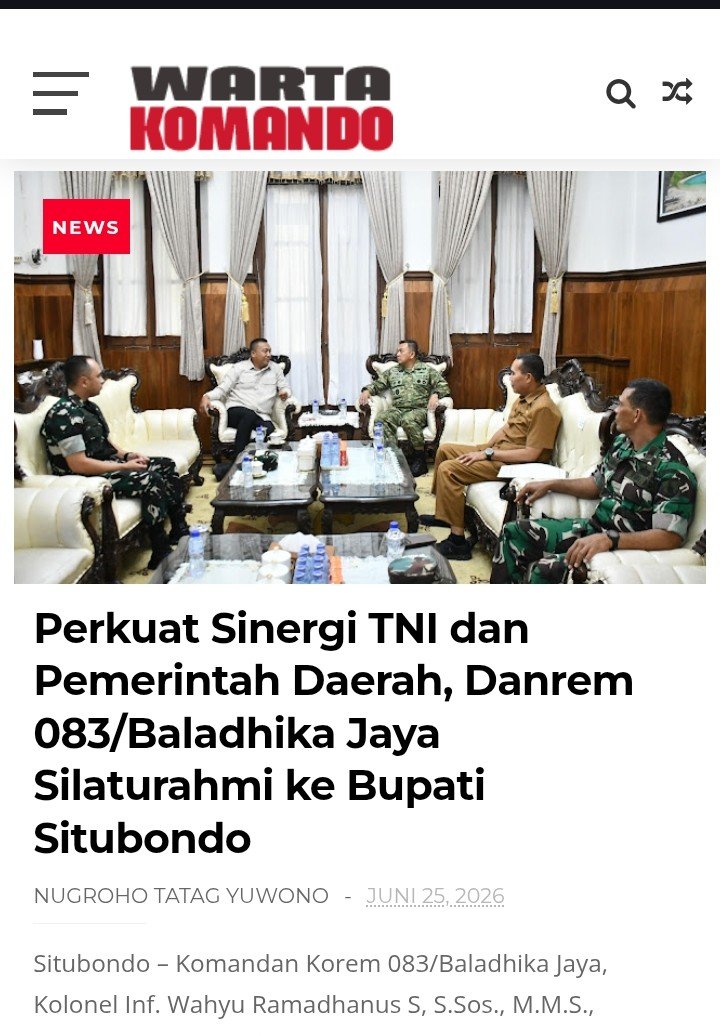 PedulirakyatCom's tweet photo. Perkuat Sinergi TNI dan Pemerintah Daerah, Danrem 083/Baladhika Jaya Silaturahmi ke Bupati Situbondo https://t.co/VsIRpqp1kE