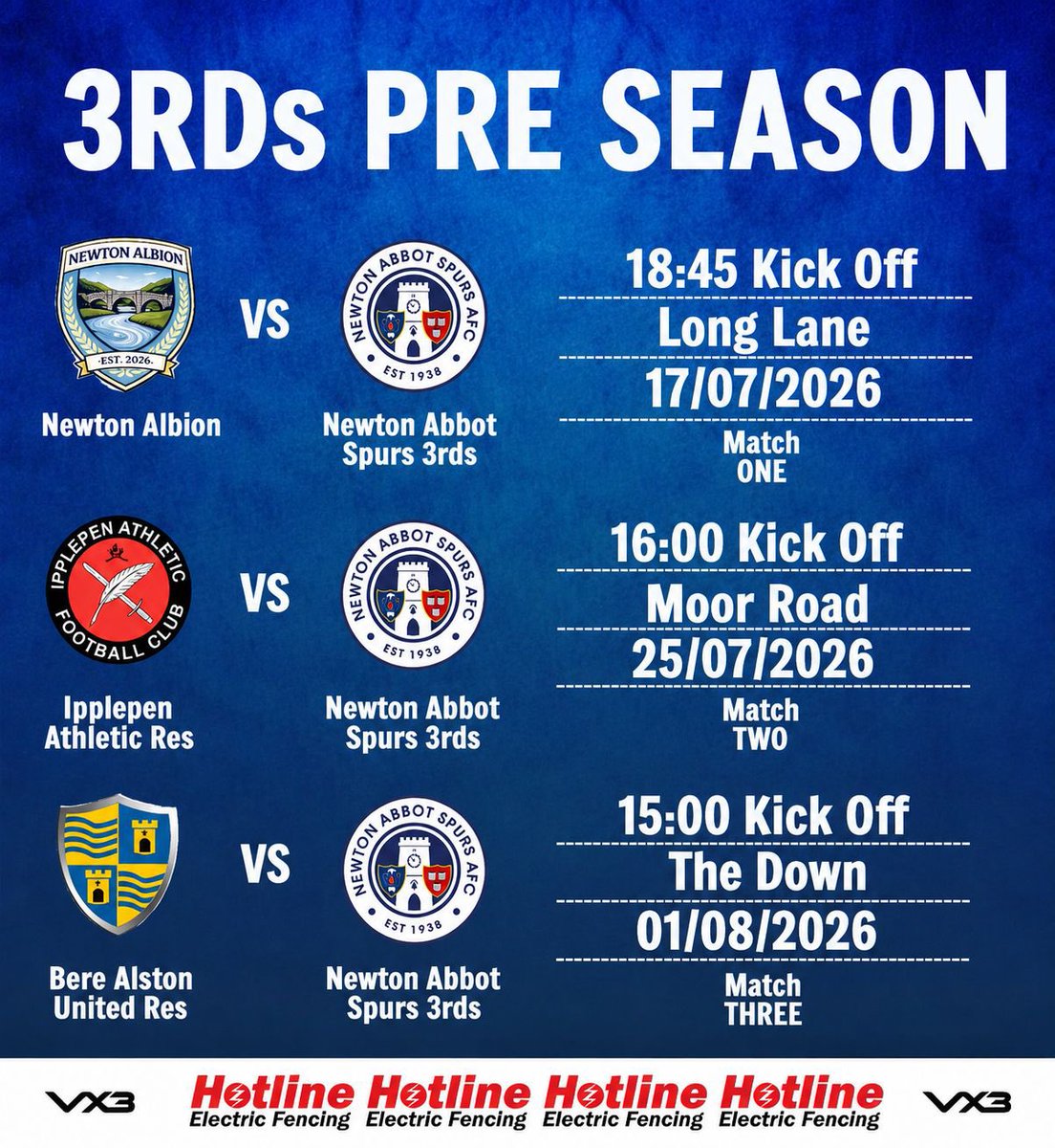 NewtonSpurs's tweet photo. ⚽️🔵3RDS PRE SEASON SCHEDULE🔵⚽️

The new 3rd team management are happy to announce their pre season fixtures ahead of the new 2026/27 season back in Division 2.

#COYS💙⚽️ https://t.co/5pdIUFC0Po