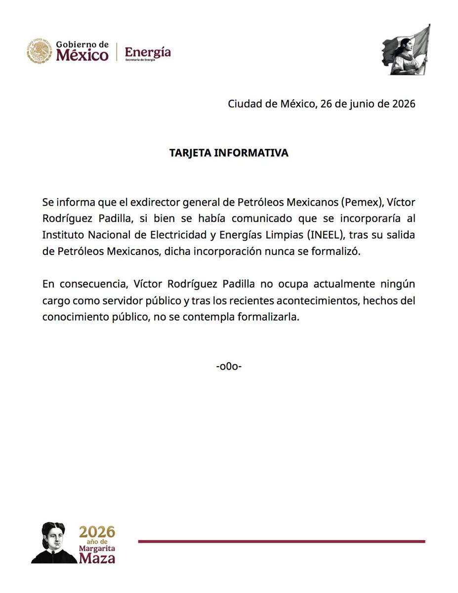 AleEsat's tweet photo. La @SENER_mx dice que Víctor Rodríguez Padilla nunca tomó posesión como director del INEEL. Curioso, porque hace apenas 48 horas tenía apariciones públicas como representante del propio Instituto.

1. Con ese comunicado, el @GobiernoMX pretende lavarse la manos ante una situación evidente de violencia doméstica.

2. La agresión de Rodríguez Padilla ocurrió cuando aún ocupaba la dirección de @Pemex. Es decir, un funcionario de alto nivel del gobierno de Claudia Sheinbaum violentó a su esposa.

3. Por eso es ridícula la respuesta de @Claudiashein . No condena el actuar de su funcionario (porque sí tiene actividades en el gobierno) y simplemente como merolico repite: "se le brindará ayuda a la esposa". (📹Israel Aldave / @Radio_Formula)

4. 🔴OJO con el video: Víctor Rodríguez agredió a su esposa en presencia de un niño, ni eso lo contuvo 👇.

5. ¿Qué mecanismos tiene el Gobierno -que se dice feminista- ♀️ para que hombres violentadores no ocupen cargos públicos?