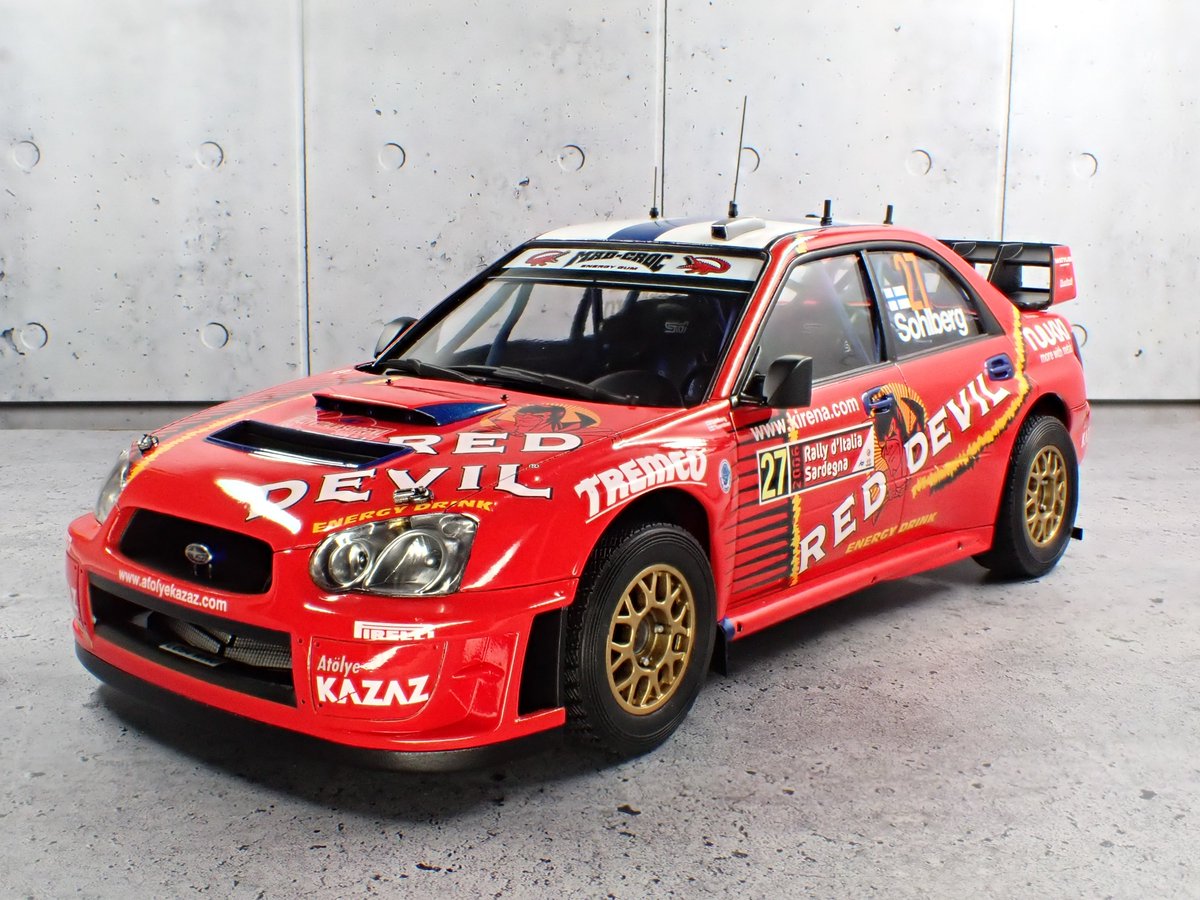 umenekon's tweet photo. 【完成】1/24 ﾊｾｶﾞﾜ Impreza WRC "2006 Rally ITALIA No.27 kristian sohlberg "
赤色ボディに悪魔のエナドリマークが特徴のソールベルグ選手のマシンです。所々に青色が残っていて、全て赤に塗り潰したい衝動に駆られました(笑)
完成してみればコレもアクセントになってカッコイイですね😆 https://t.co/4ZvBgfo8Qs