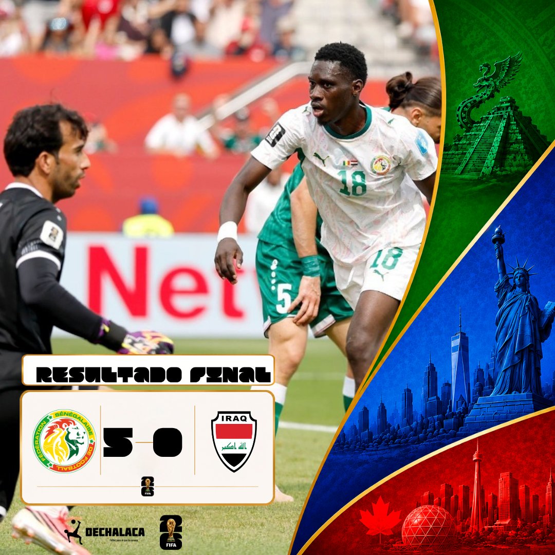 DeChalaca's tweet photo. 🏆🌎 #CopadelMundo - Grupo I - fecha 3
🏟 ¡FINAL EN EL BMO FIELD!
Senegal 🇸🇳 5 (Abdoulaye Seck 4', Ismaïla Sarr 55', Pape Gueye 59' y 71', Iliman Ndiaye 82') - Irak 🇮🇶 0
⚠️ Senegal obtuvo su primera goleada en una Copa del Mundo
🔝 #ElCapo Pape Gueye (17)
La Ficha 👉 https://t.co/Ep8RtPe5kq
📸 AFP
