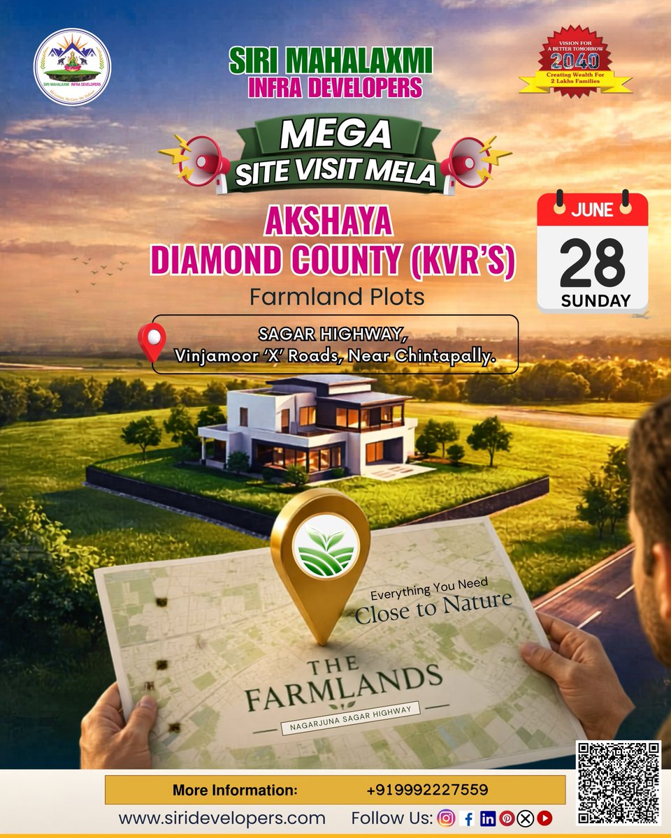MahalaxmiSiri's tweet photo. 🌿 అక్షయ డైమండ్ కౌంటీ (KVR's) – ఫార్మ్‌ల్యాండ్ ప్లాట్స్ 🌿

📍 వింజమూరు 'X' రోడ్స్, వయా చింతపల్లి, సాగర్ హైవే.
📞 9992227559
🌐 https://t.co/dxj599hK5b

#AkshayaDiamondCounty #KVRs #FarmLandPlots #SiteMela #FarmLandInvestment #LandInvestment #SagarHighway #Vinjamoor #Chintapally https://t.co/cVuBAklCul