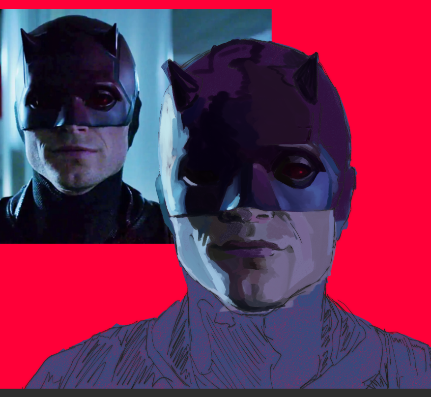 SmolPotat14's tweet photo. Since i'm planning to post more uhh here's an unfinished wip of Dex as Daredevil... i'm kinda sad cuz I accidentally deleted this file on clip studio 😣💔 https://t.co/K2dBknXquF