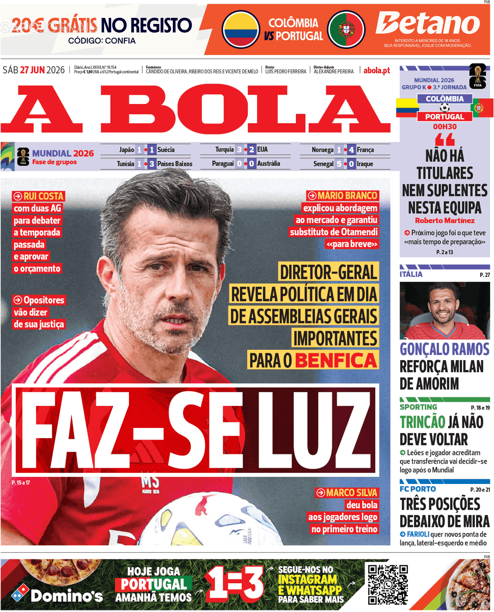 ExT8's tweet photo. #CapasJornais - 27/06/2026 - A Bola https://t.co/C9ptyhrFdp