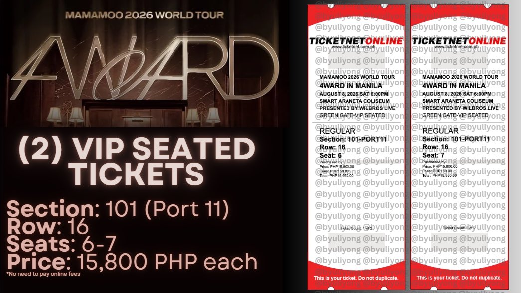 byuliyong's tweet photo. WTS/LFB: 

2 Mamamoo 2026 World Tour Manila VIP tickets!

Section 101 (Port 11)
Row: 16
Seats: 6-7
Price: Php 15,800 each (no online fee na :))

RFS: Got desired seats HUHU

Let me know and please DM me!

#MAMAMOO #MAMAMOO_2026  #MAMAMOOPH #MAMAMOO4ward https://t.co/3MZ9qGrC5v