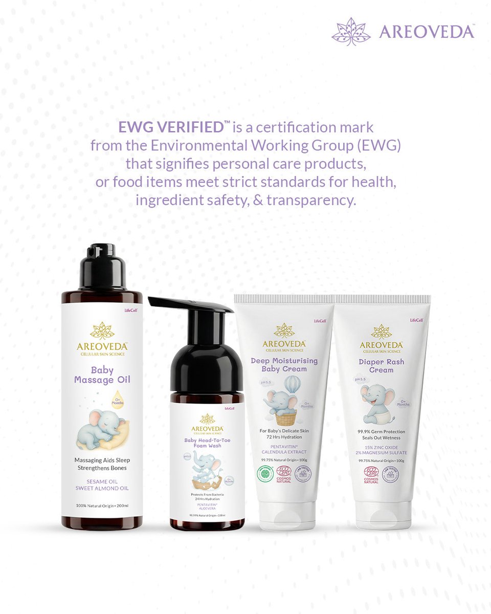 AreoVeda's tweet photo. The EWG Verified mark is your absolute guarantee for strict ingredient safety and transparency. Because when it comes to a newborn's skin barrier, there is zero room for guesswork or hidden toxins. Experience absolute safety. 

Shop now at: https://t.co/4W1D0KCktq 🛒

#AreoVeda https://t.co/FYZxdWPFyO