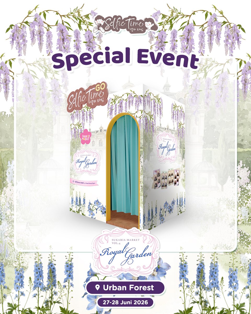 selfietimeid's tweet photo. Exclusive booth &amp; frame Sukaria Market x Selfie Time hadir di Urban Forest Cipete, jadi momen kamu terabadikan lebih spesial!💐💕

🗓️ 27-28 Juni 2026

Sayang banget kalau gak foto di booth Selfie Time, padahal udah tampil cantik di Royal Garden🥺

#selfietimeid #sukariamarket2026 https://t.co/Dgh9bERL1A