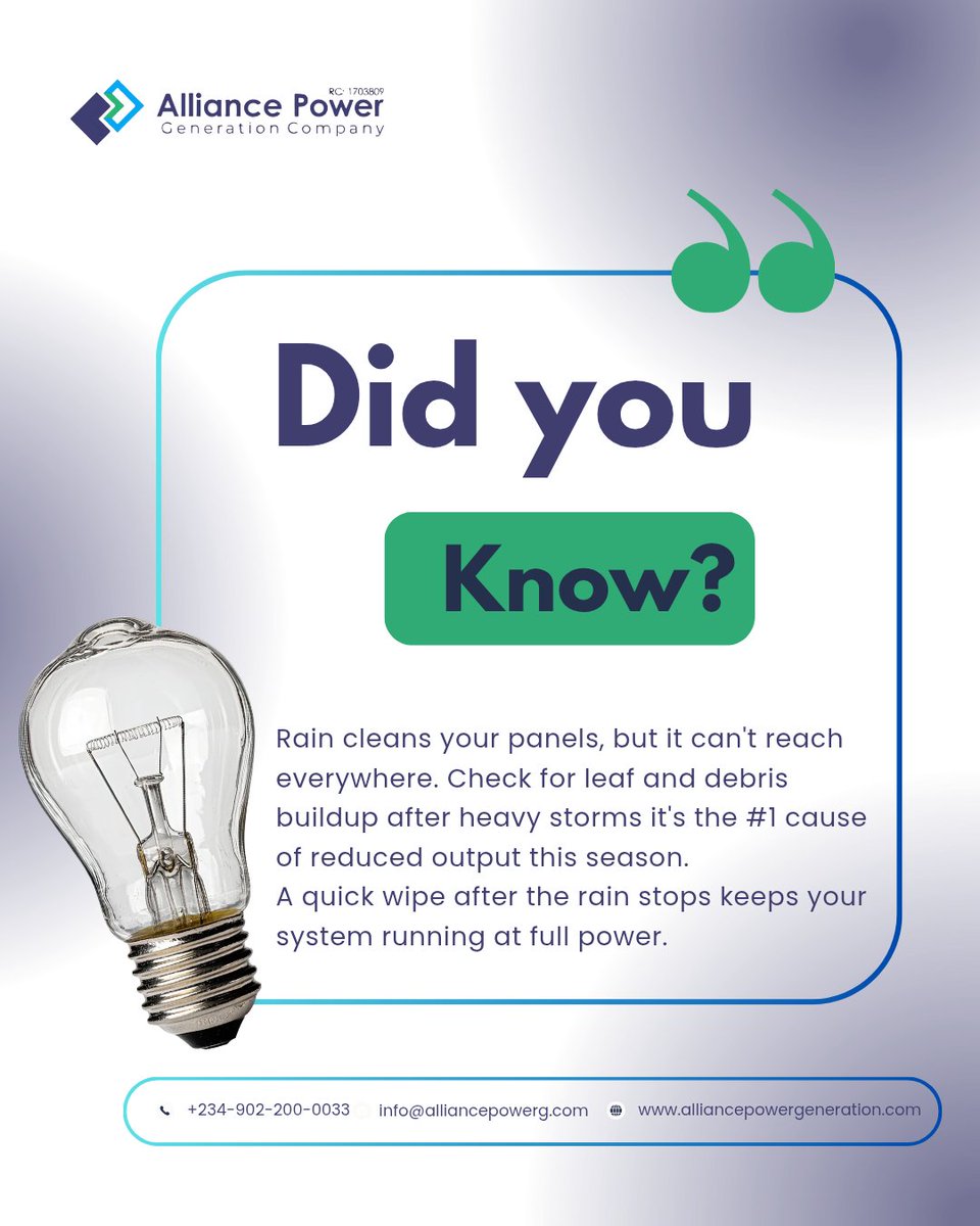 AlliancePowerCo's tweet photo. Rain cleans your panels but misses the corners. Check for debris buildup after storms it's the #1 cause of reduced output this rainy season. ☔

Powered by Alliance ⚡ https://t.co/fFjOq87Yvb