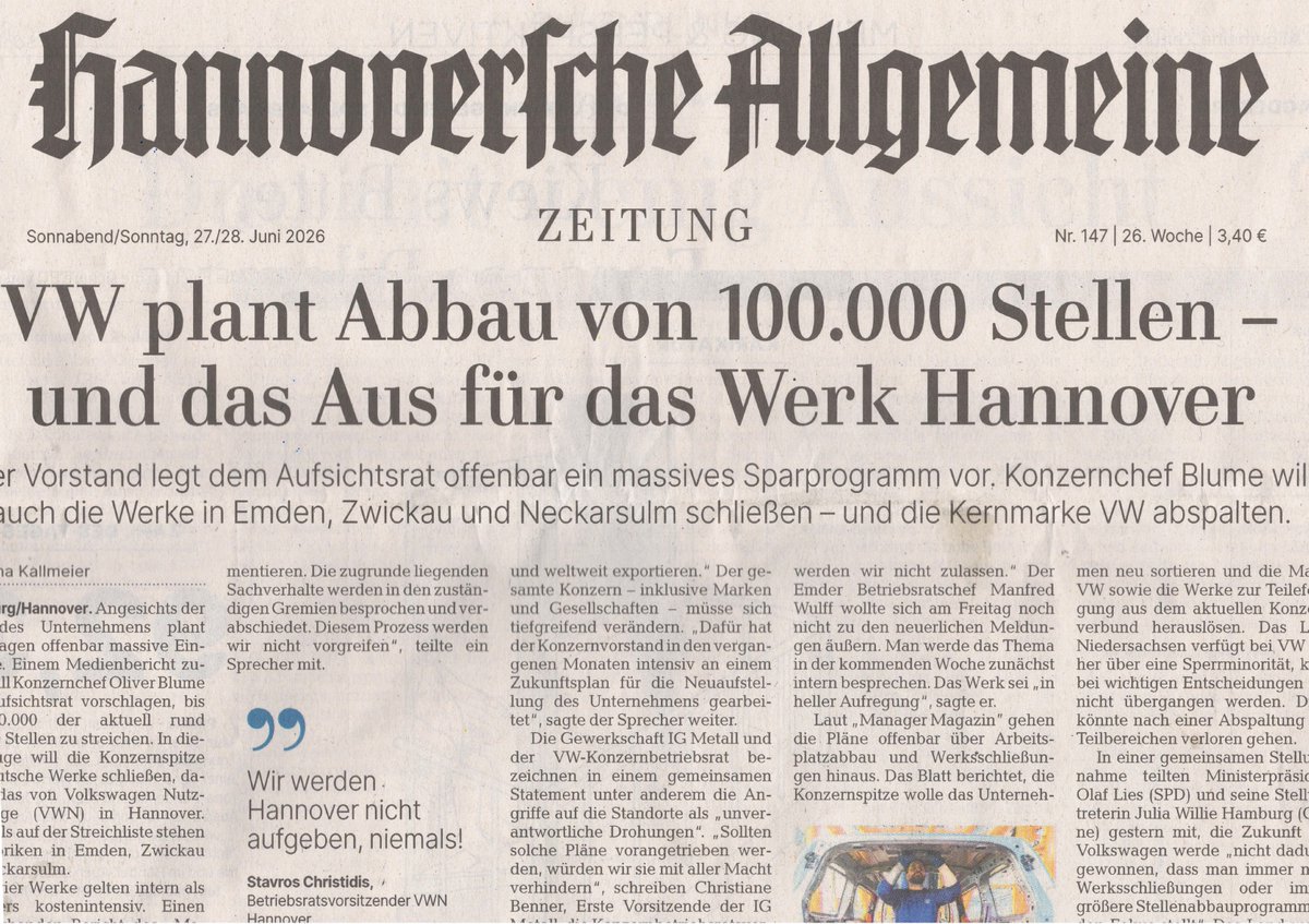 SHomburg's tweet photo. VW ist Hannovers größter Arbeitgeber. Als ideologische Gewerkschaften und rotgrüne Landesregierung mit ihrer Aufsichtsratsmehrheit beschlossen, den legendären „Bulli” durch E-Autos zu ersetzen, wusste ich, das ist das Ende. Jetzt wollen sie „protestieren”. Scheinheilig. https://t.co/gUUyT2171C