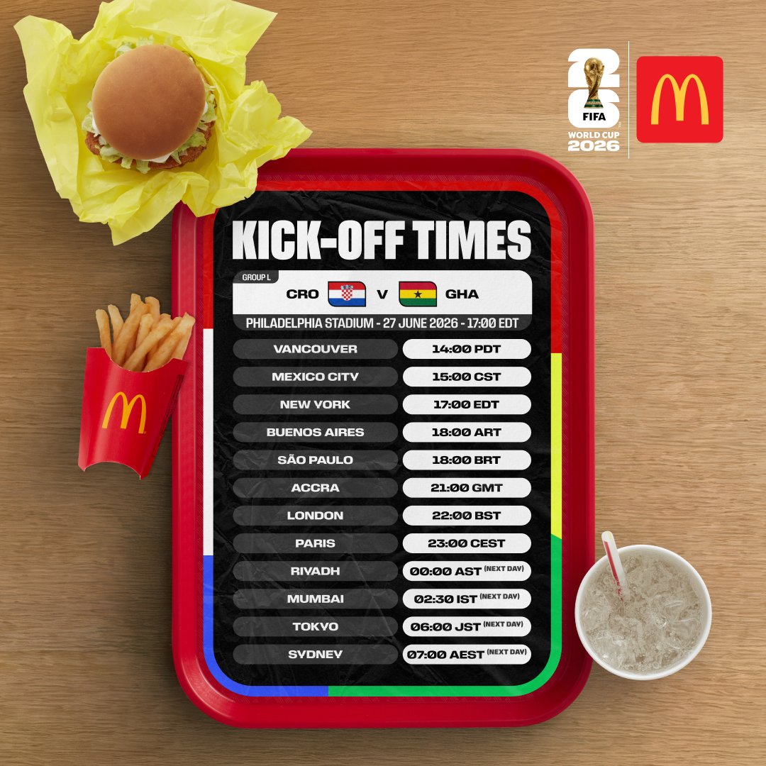 FIFAWorldCup's tweet photo. All groups will be decided today - don’t miss a kick of the drama!
#FIFAWorldCup #KickOffTimes
@McDonalds