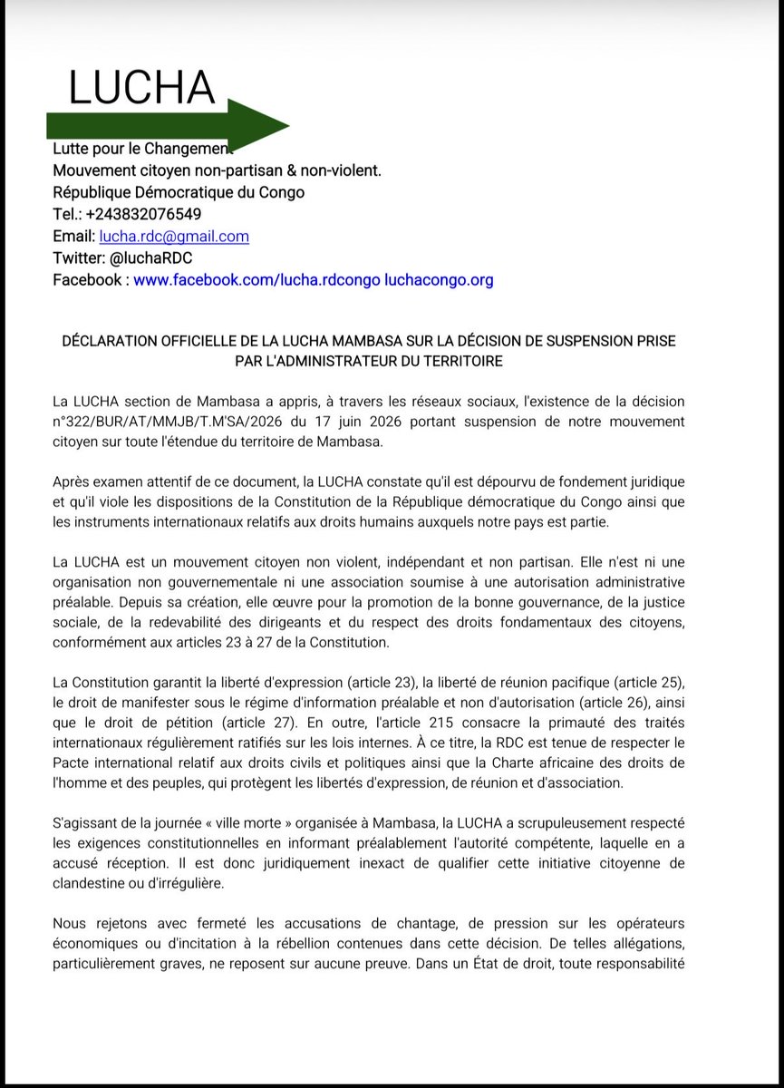 luchaRDC's tweet photo. Notre action se fonde sur la constitution qui garantit la liberté d'expression (article 23), la liberté de réunion pacifique (article 25),
le droit de manifester sous le régime d'information préalable et non d'autorisation (article 26). 
L’AT de #Mambasa doit la lire.
🇨🇩
🔽 https://t.co/Pe1m1qzVRf