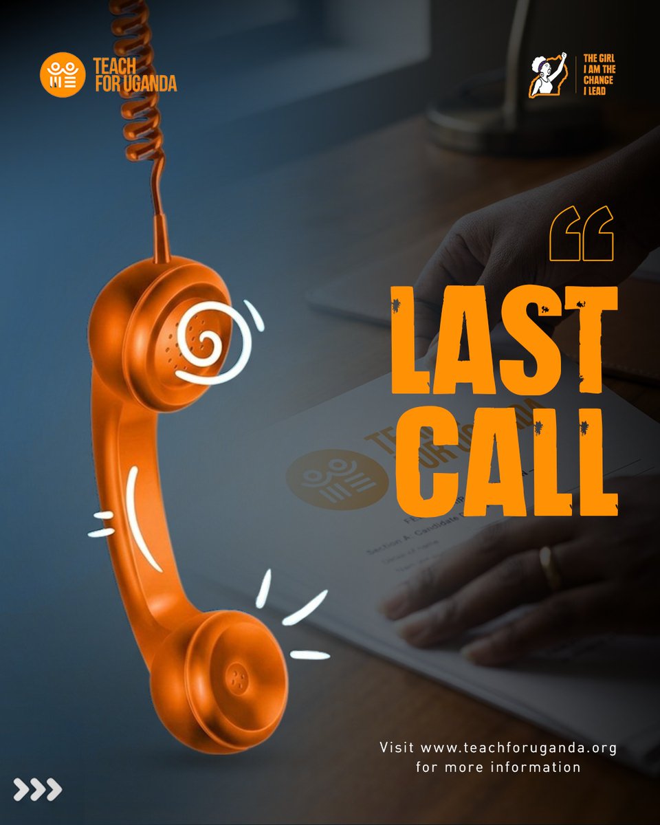 TeachForUganda's tweet photo. Final call! ⏰

Cycle 1 recruitment for the once-in-a-lifetime Teach For Uganda Leadership Development Fellowship closes today.

This is your chance to step into a two-year journey that sets you apart, a journey of leadership, service, growth, and real impact in Uganda’s underserved communities.

Finish up your application today. The portal closes at 11:59 PM EAT.

Apply Now: https://t.co/6g5dlmyn6u

#TheGirlIAm
#TheChangeILead
#TeachForUganda