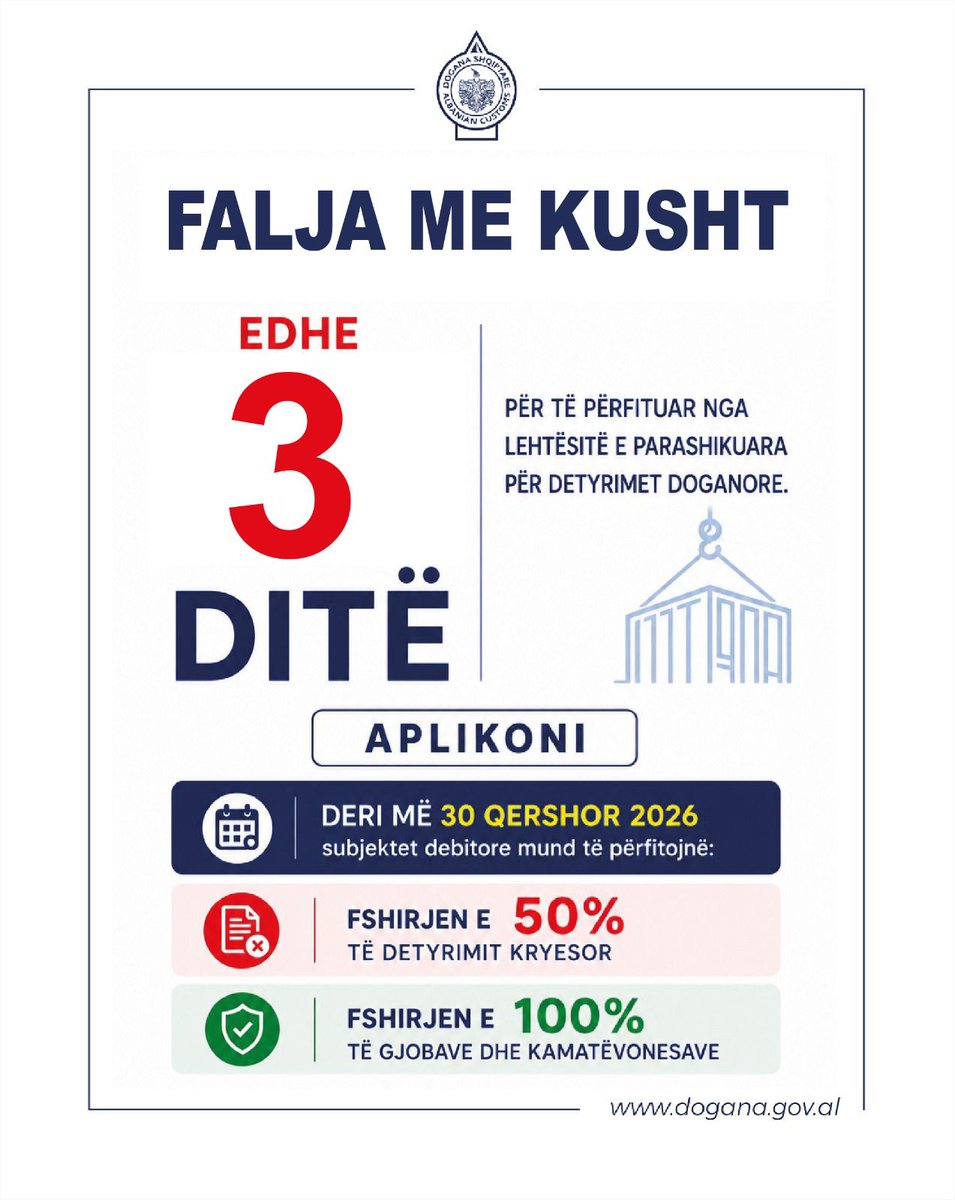 BejaBesmir's tweet photo. ⏰ Afati po afron.

Drejtohuni pranë degëve doganore për të përfituar nga lehtësitë e parashikuara për detyrimet doganore. https://t.co/VgHXAcrSrf