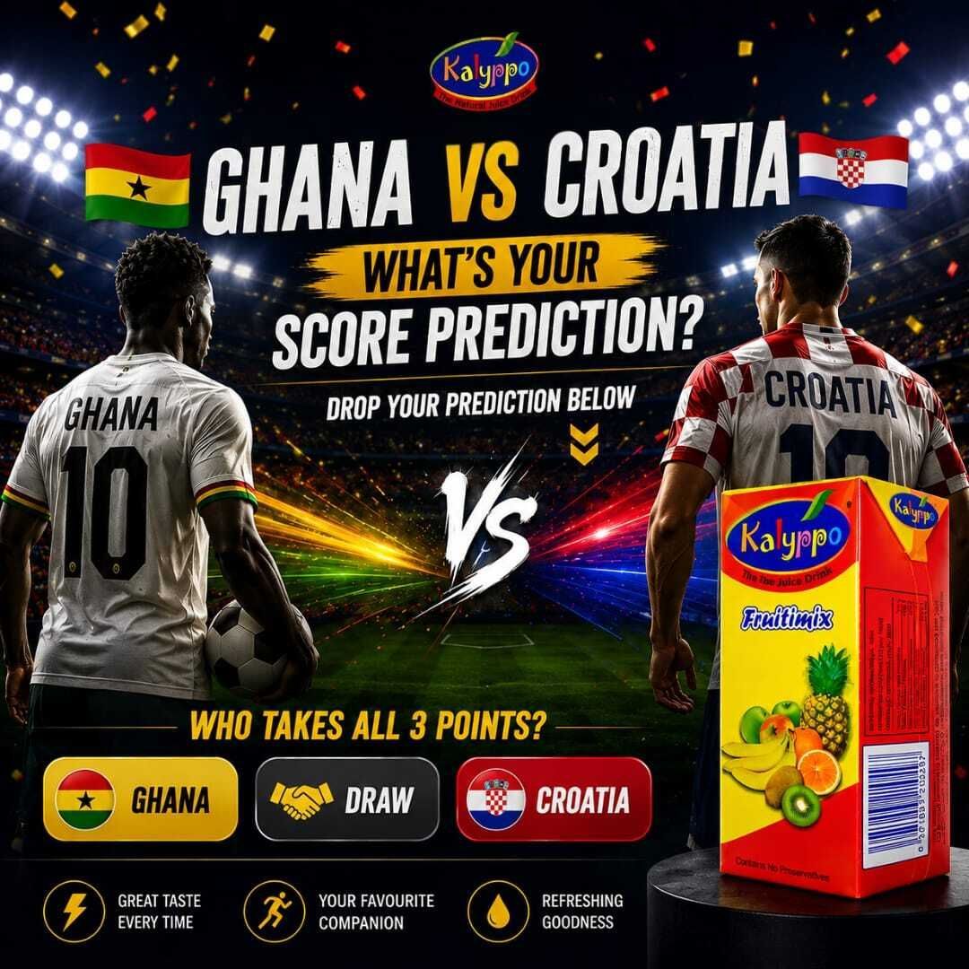 kalyppojuice's tweet photo. Matchday is here! The Black Stars take on Croatia TODAY!. ⚽🔥
Grab your favourite Kalyppo, back the boys, and tell us your score prediction in the comments! 🧃💚 #Kalyppo #PredictTheScore #BlackStars https://t.co/cLmd9fDF4f
