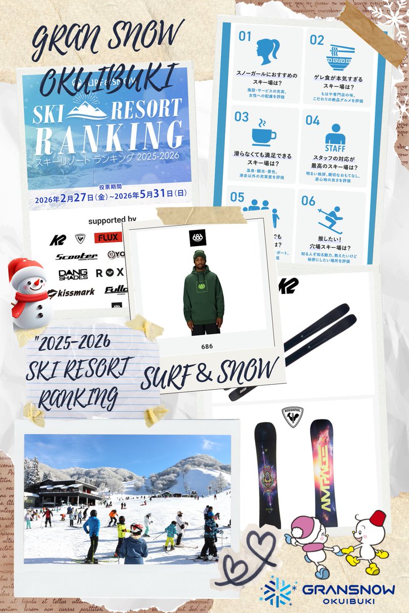 okuandibu's tweet photo. スキー場ランキング🏆「５冠獲得」🏆

✨「SURF＆SNOW SKI RESORT RANKING 2025-2026」✨にて…
「グランスノー奥伊吹が５部門で１位を獲得」しました🥳✨

「“みんなの投票”」で決まる本ランキング⛷️✨

皆さんが「今季一番選んで良かったと感じたスキー場」がランキング形式で発表されました🙋✨

「キャンペーンの詳細」はこちら
「SURF&SNOW」公式ページ☃️✨
https://t.co/wjU34zYSTI

「西日本エリアの第１位を獲得」したのはこの５項目🥳 🏆

「スノーガールにおすすめのスキー場」💓
「ゲレ食が本気すぎるスキー場」🥘
「滑らなくても満足できるスキー場」🛍
「スタッフの対応が最高のスキー場」😊
「初心者にどこまでも優しいスキー場」🔰

多くの皆さんに支えられながら「一歩ずつ成長と進化」を続けてきたグランスノー奥伊吹⛷️🏂✨

「グランスノー奥伊吹を応援して下さる皆さんへ感謝の気持ち」を持ちながら😊…
これからも「魅力あるスキー場でいられるように」精一杯頑張って行きます(*＾ー＾)ノ✨

2026－2027シーズン「オープン日決定」☃️✨
「１１月１３日(金)〜４月１１日(日)」
「１５０日＝５ヵ月」オープン⛷️✨
グランスノー奥伊吹（旧：奥伊吹スキー場）
https://t.co/n1nCVNZ0cB