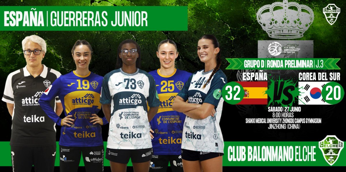 cbm_elche's tweet photo. 𝗜𝗡𝗧𝗘𝗥𝗡𝗔𝗖𝗜𝗢𝗡𝗔𝗟 #CBMElche 🇪🇦 | 

🏆 𝗖𝗔𝗠𝗣𝗘𝗢𝗡𝗔𝗧𝗢 𝗗𝗘𝗟 𝗠𝗨𝗡𝗗𝗢 𝗦𝗨𝗕-𝟮𝟬
📊 𝗥𝗼𝗻𝗱𝗮 𝗽𝗿𝗲𝗹𝗶𝗺𝗶𝗻𝗮𝗿 | 𝗚𝗿𝘂𝗽𝗼 𝗗 | 𝗝.𝟯

🇪🇸 España 3️⃣2️⃣🆚2️⃣0️⃣ Corea del Sur 🇰🇷

🏟️  Shanxi Medical University Zhongdu Campus Gymnasium
📍 Jinzhong (China)

🟩 Udane Bernabé 
🟩 Teresa Antón 
🟩 Lidia Trinidad Bomabá 
🟩 Eva Pérez 
🟩 David Díez

ℹ️ 𝗛𝗼𝗷𝗮 𝗱𝗲𝗹 𝗽𝗮𝗿𝘁𝗶𝗱𝗼 | https://t.co/M9td1SsDQd