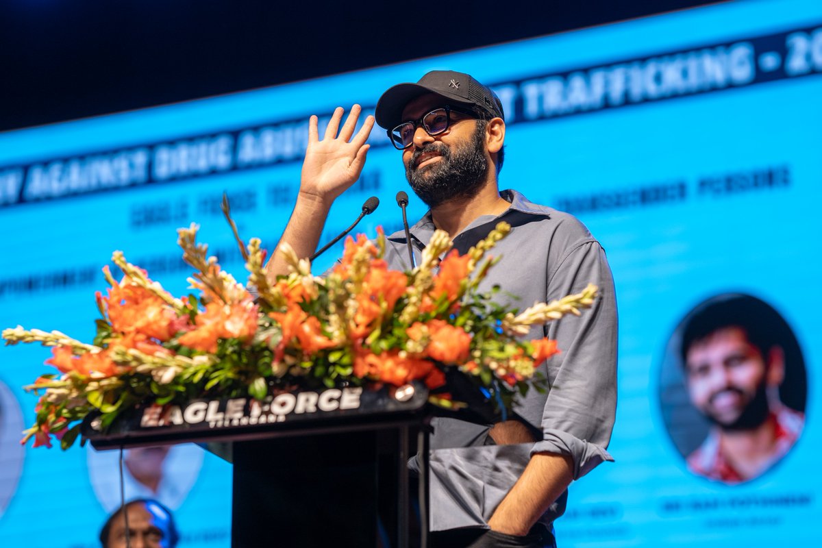 TeamRaPo's tweet photo. Moments from an event that stood for a drug-free tomorrow 🚫✨

Energetic Star @ramsayz graced the Telangana Government's International Day Against Drug Abuse &amp; Illicit Trafficking 2026 event yesterday, spreading awareness and inspiring the youth ❤️‍🔥 

#RAPO #RAmPOthineni https://t.co/sV2SvVAjwh