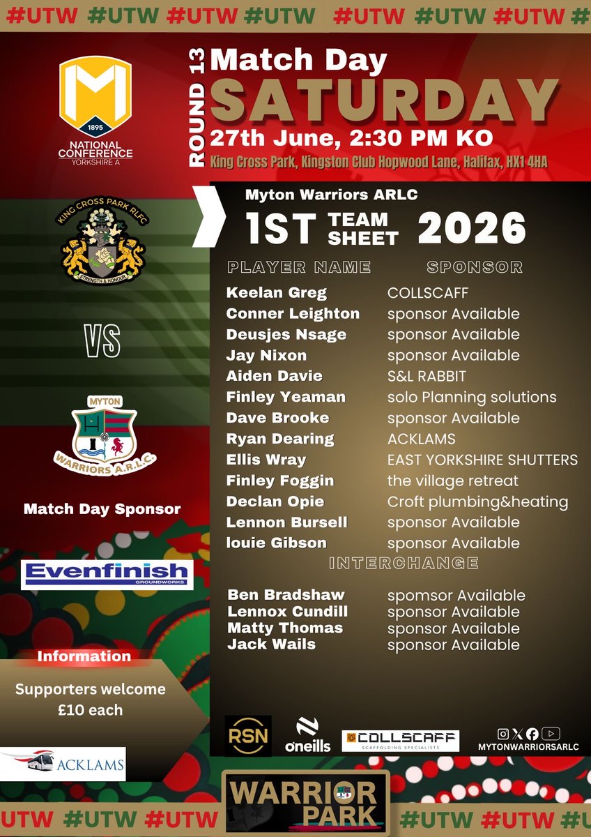 MytonWarriors's tweet photo. Today’s Open Age 1st Team Squad News:

Saturday 27th June

2026 @TheRFL National Conference Yorkshire A Division

@kxprlfc v @MytonWarriors 2:30pm KO 

Match Sponsor:  Evenfinish 

Bus leaves club 11:45am🚎🍻🏉🏆❤️💚 
#UpTheWarriors #CommunityRL https://t.co/ERBjLqiXdy