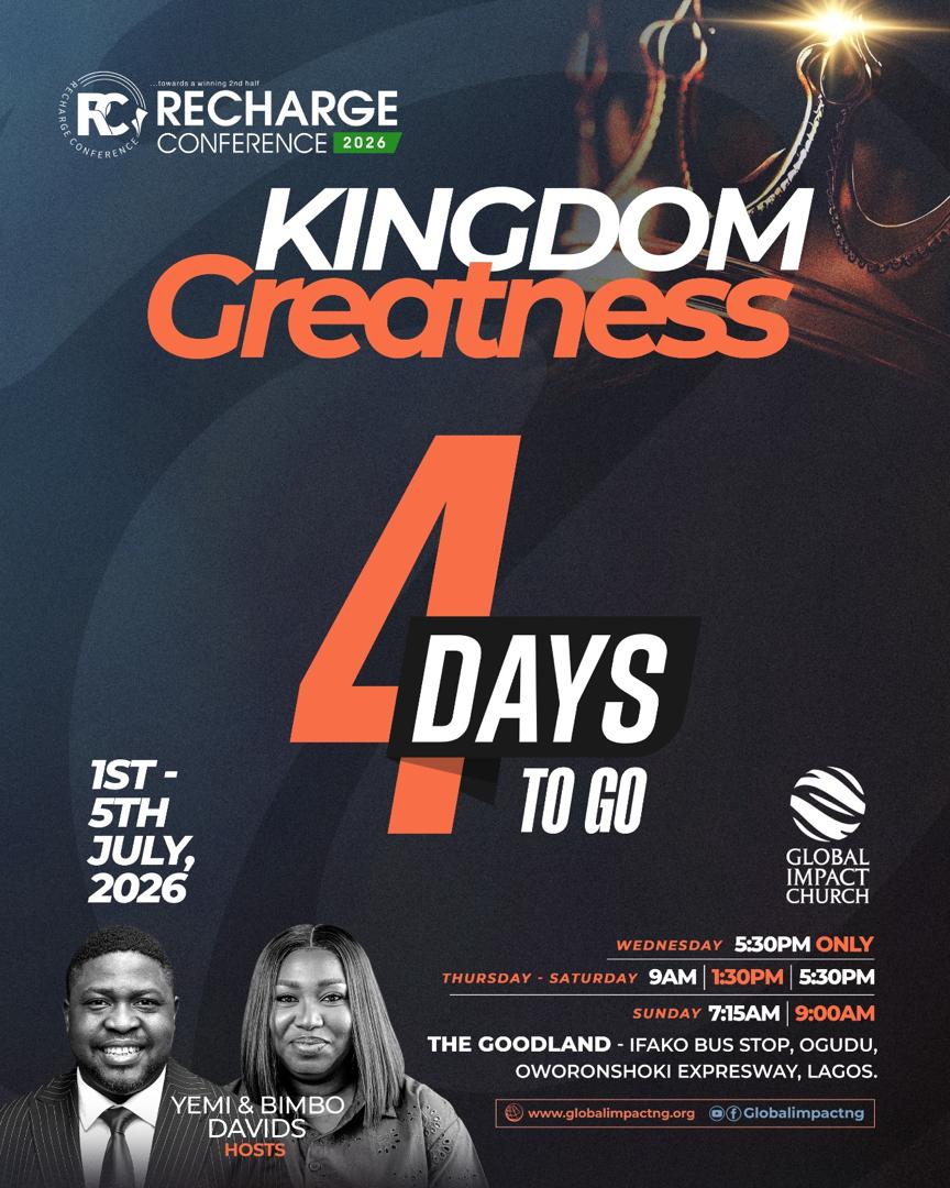 Global_ImpactNG's tweet photo. Only 4 days to go until Recharge Conference 2026! 

A special invitation from our Global Lead Pastor, @yemidavids, as he shares why you shouldn't miss what God has prepared for the second half of the year.

Wednesday 1st July - Sunday 5th July, 2026.

#rechargeconference2026 https://t.co/Ukau11dB2J