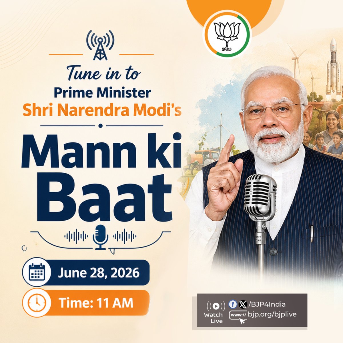 BJP4India's tweet photo. Prime Minister Shri @narendramodi's '#MannKiBaat' programme will air on June 28th, 2026, at 11 AM.

Watch live: 
📺https://t.co/fVNceGARAL
📺https://t.co/vpP0MInUi4
📺https://t.co/lcXkSnNPDn
📺https://t.co/4XQ2GzqK1N https://t.co/a4HRI1vH7o