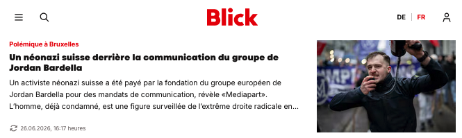 aberteau_'s tweet photo. «Comment un militant néonazi, condamné et surveillé, a-t-il pu se retrouver prestataire d’une fondation politique liée à l’un des groupes les plus influents [à Bruxelles]?», interroge le média suisse @Blickch après les révélations de @Mediapart.

Le RN n'a toujours pas réagi. https://t.co/v1wcoIItfg