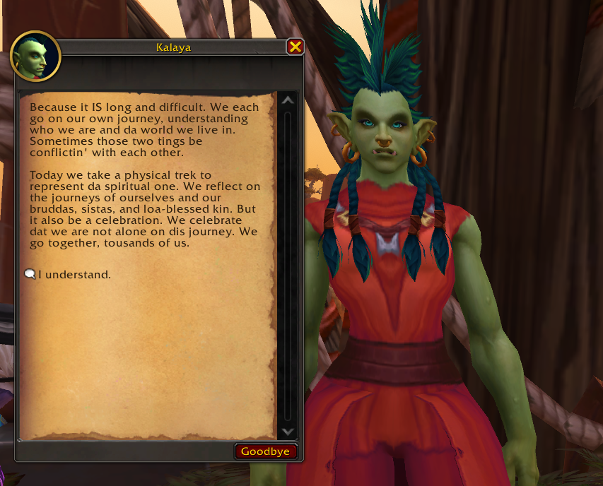 Portergauge's tweet photo. Darkspear Dash is up! Starts in the Echo Isles and ends in Silvermoon, basically a troll version of the Great Gnomeregan Run.

Story for the event is celebrating ancient troll messengers, but it's *very* much a Pride event. It even has a nice little term for non-binary trolls. https://t.co/ppUSEmW5Ox