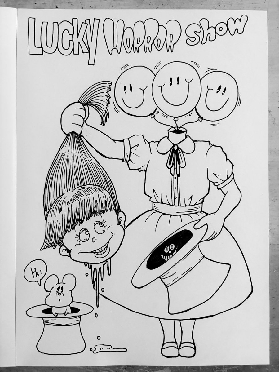Low6s's tweet photo. ラッキーホラーショウ。帽子からこんにちわ。どうしても女の子が描きたい気分だったのだが…首無しに🙄#イラスト　#イラスト好きな人とつながりたい https://t.co/NdsNdC5ksD
