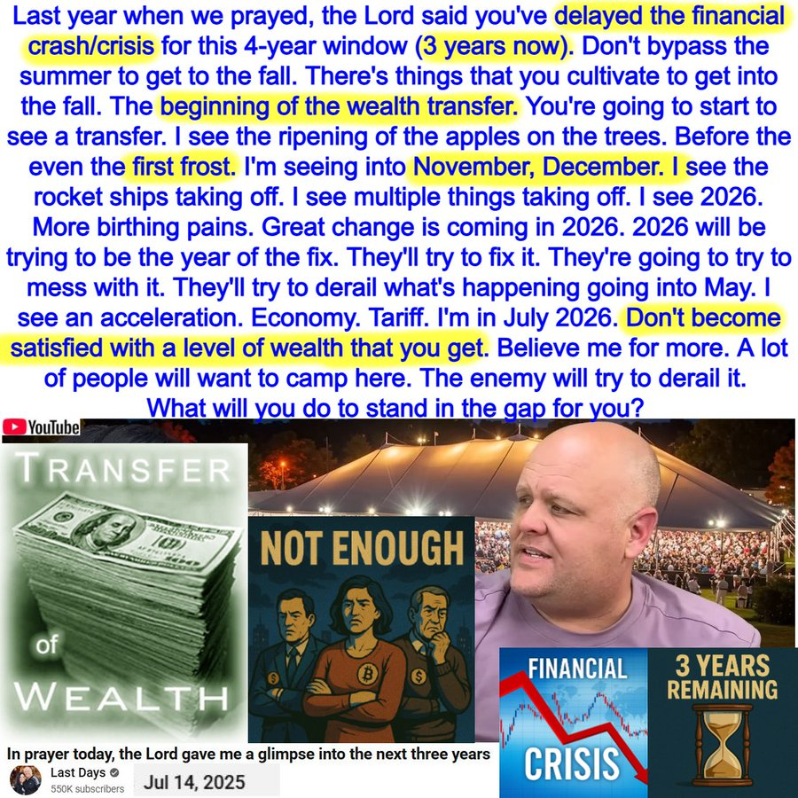 Prophetic_Money's tweet photo. Brandon Biggs 7/14/2025 - July 2026 PROPHECY

I'm in July 2026. Don't become satisfied with level of wealth that you get. Push on. A lot of people will want to camp here. The enemy will try to derail it. stand in the gap.

WP: https://t.co/TjM9bNc1p6

YT: https://t.co/wurazVdBY1 https://t.co/i7jdcm47UN