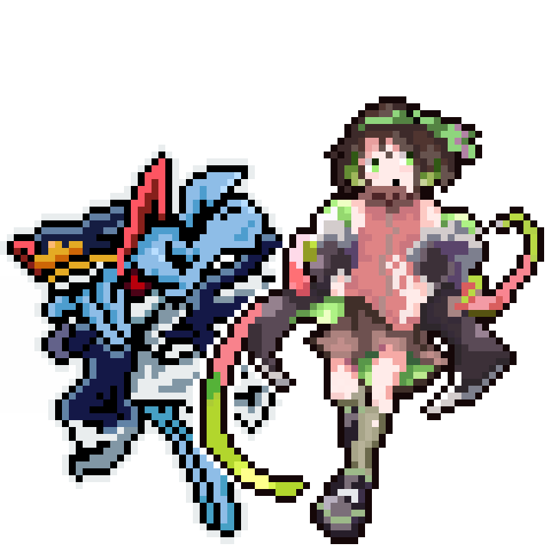 MaksymBlu's tweet photo. Meet Illia the diva pokemon trainer and her mighty Kirlia !

(Original art is the Vocaloid Otobe Hisui, illustration made by Yushihiko Fujimori, pixel art made by me)
#Pokemonart #kirlia #vocaloidfanart https://t.co/qFCO0zi9tY